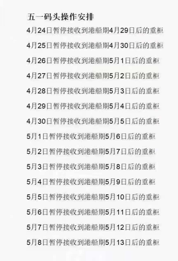 4月24日起，鹽田港暫停接收到港船期5天后的出口重箱