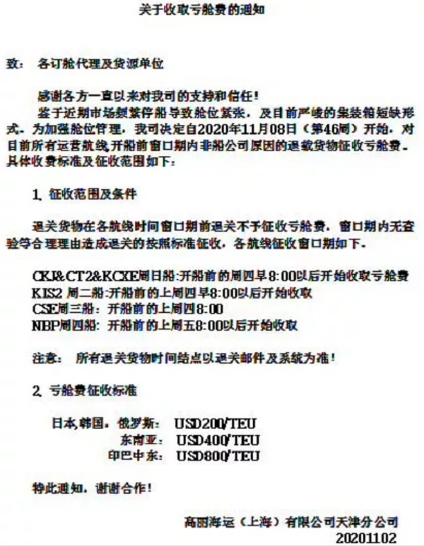 高麗海運征收虧艙費